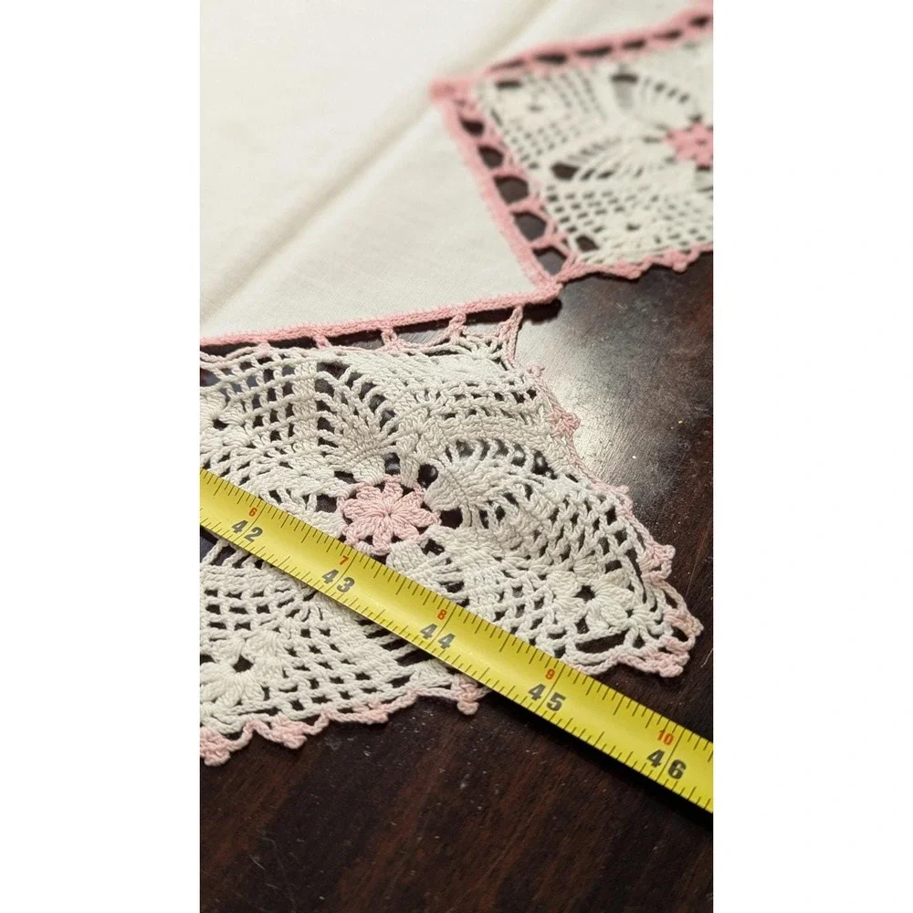 Vintage Pink Crochet Linen Table Runner Set Handmade Lace Napkins Doily 6pc